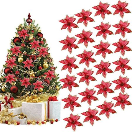 Outgeek Christmas Tree Decoration, 24pcs Christmas Tree Ornament Set Christmas Decoration Glitter Artificial Christmas Flowers For Wedding Party Chris