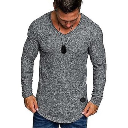 Langærmet T-shirt til mænd, Slim Fit, V-hals, Muskeltrøje (XL Grå)