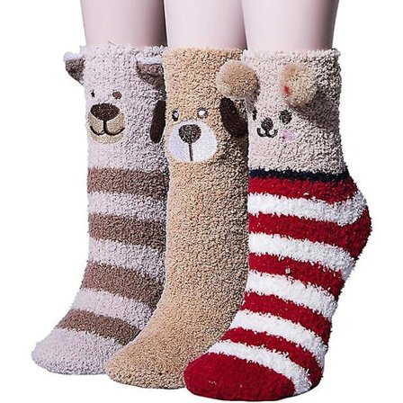 3 paria naisten pörröisiä sukkia talven lämpimät pörröiset pehmeät tohvelit kotiin nukkumiseen söpöt eläinsukat - karhu + koira + murmeli / Koko: Yksi