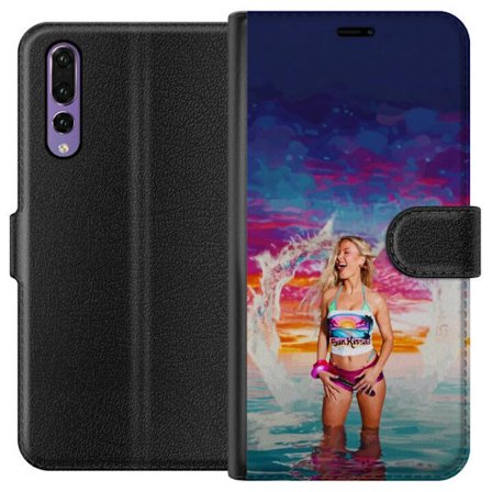 Kompatibel Tegnebogsetui til Huawei P20 Pro Blond kvinde i farverigt strandtøj, der leger i havet ved solnedgang