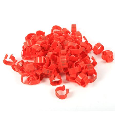 100st/påse 16MM 001-100 Numrerade Plast Fjäderfä Kycklingar Ankor Gås Benband Ringar (röda)