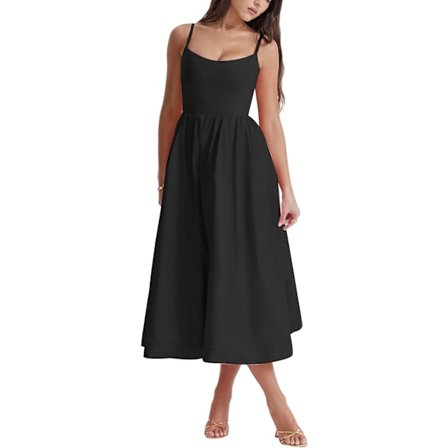 Damklänning - Casual Flowy Midi - Spaghettiband - Kvadratisk Halsringning - Rygglös Korsett - Långklänning - Cottagecore Sommarklänning - Strandkläder