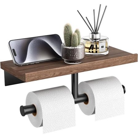 Vægmonteret toiletpapirholder med hylde, toiletpapirholder i træ, matsort toiletpapirholder i rustfrit stål (valnød)