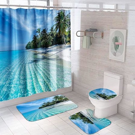 Sommartema Strand Duschdraperi Set, Vattentätt och Vindtätt Kokosnötsstrands Duschdraperi och Mattset för Badrum, Toalettlock och Badmatta wi