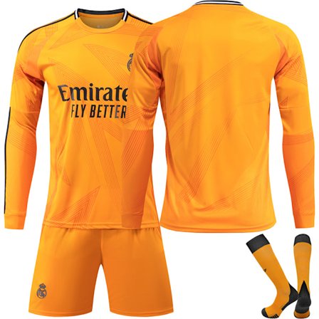 24-25 Real Madrid Udebanefodboldtrøje med Lange Ærmer Børnefodboldsæt