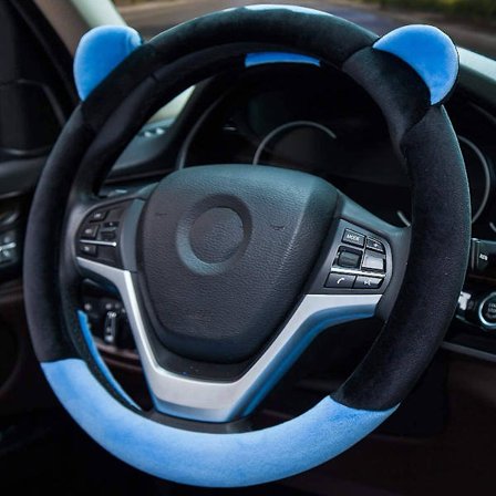 Sød Vinter Varm Plys Auto Bilrat Betræk til Kvinder Piger, Universal 15 Tommer Bil Tilbehør, Blå