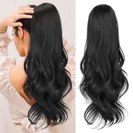 Hestehale Extensions, 55 cm Sort Lang Snøre Bølget Clip-In Hestehale Hår Extensions Lagdelt Syntetisk Hårstykke til Kvinder [HK]