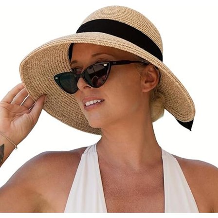 Dame solhatter UPF 50 Bred Bret Halm Strand Sommerhatt for Kvinner Sammenleggbar Hestehale Sløyfe