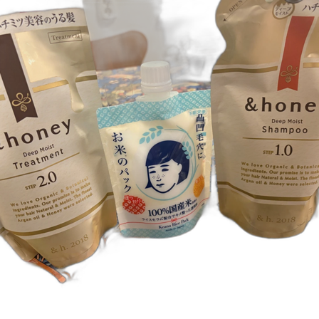 Keana Rice Pack ansiktsmask och Fino hårmask och &Honey/& honey shampoo + conditioner
