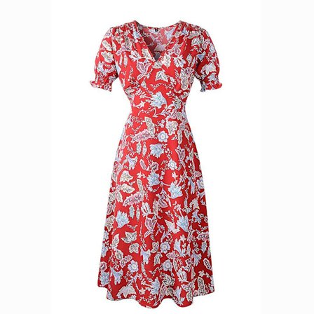 Kesäinen naisten boheemi V-kaula-aukko lyhythihainen korkeavyötäröinen kukkakuvioinen tyylikäs pitkä mekko S-XXL