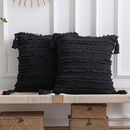 Svarta Kuddfodral: 2-pack 18x18 tum Boho Randiga Bomullslinne Kvadratiska Dekorativa Kuddfodral med Fransar för Lanthus Soffa Stol