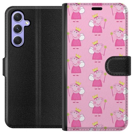 Kompatibelt Lommeboketui til Samsung Galaxy A54 Greta Gris og Peppa Pig med dinosaurer og dyr, leken tegnet barnekunst på blå bakgrunn