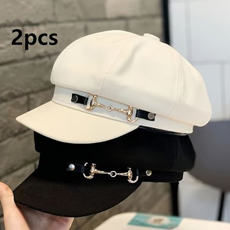 2 stk. Elegante sorte og hvide klassiske beretter til kvinder - Letvægtsstof med metallisk burrelukning, håndvaskbart præget design til forår...