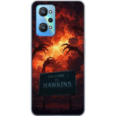 Yhteensopiva Puhelinkuori Realme GT Neo2 Pimeä apokalyptinen fantasiakohtaus palavalla taivaalla ja Hawkins-kyltti Stranger Things -tyylillä