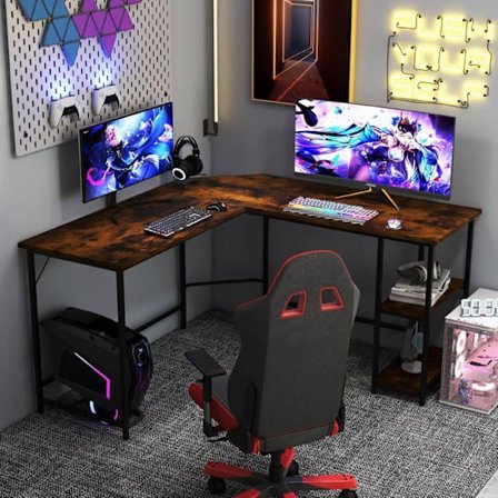 COSTWAY L-muotoinen tietokoneen kulmapöytä 138 cm, teollinen, hiiliteräsrunko, 2-kerroksinen hylly, ruskea