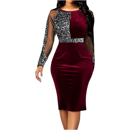 2025 Senaste Modell Damklänningar Plus Size Glittrig Transparent Mesh Bodycon Midi Sommarklänning Sexig Hög Midja Långärmad Bröllopsgäst Par