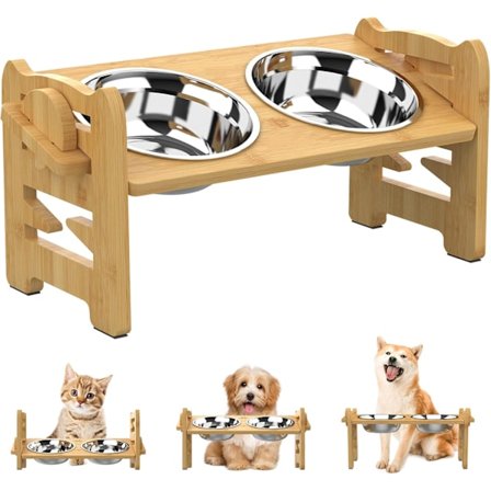 15° Hældte Justerbare Hævede Hunde- & Katteskåle - Bambus Hævet Stativ med 2 Rustfri Stålskåle & Skridsikre Fødder til Små Kæledyr