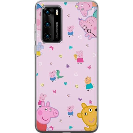Kompatibelt Mobildeksel til Huawei P40 Peppa Gris med en baby i armene, mamma gris motiv i fargerik og myk barneillustrasjon med hjerter