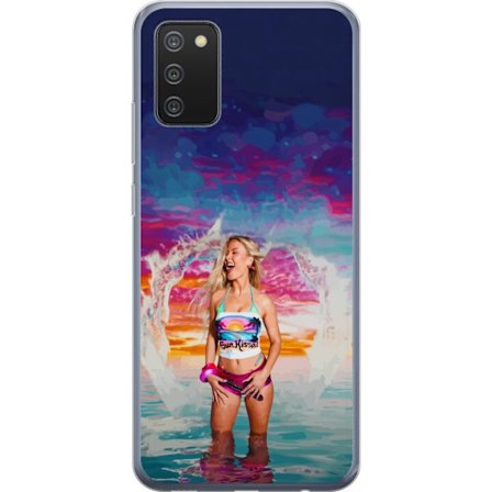Kompatibel Mobilcover til Samsung Galaxy A02s Blond kvinde i farverigt strandtøj, der leger i havet ved solnedgang