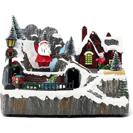 【PP】Julelandsby med tog i harpiks, samlefigur med LED-belysning (Julenissen)-FA- C