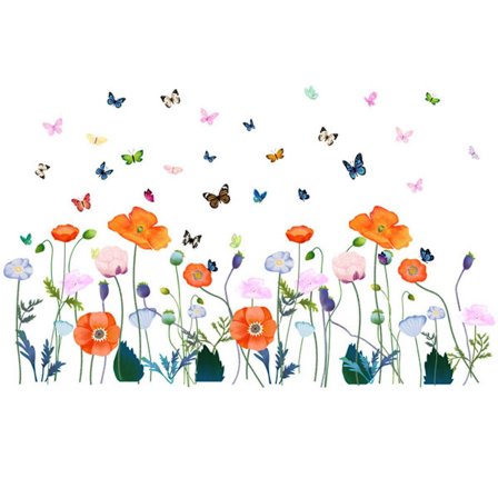 Sommerveggklistremerker med blomster og gress - hageblomster veggklistremerker - blomsterdekorasjoner KLB