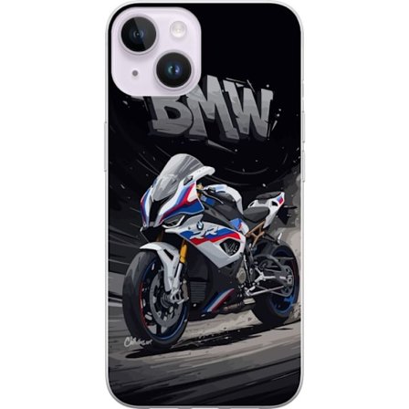 Apple iPhone 14 Plus Gennemsigtig cover BMW sportsmotorcykel illustration hvid og blå supersport motorcykel til motorcykelfans der elsker fart, kraft