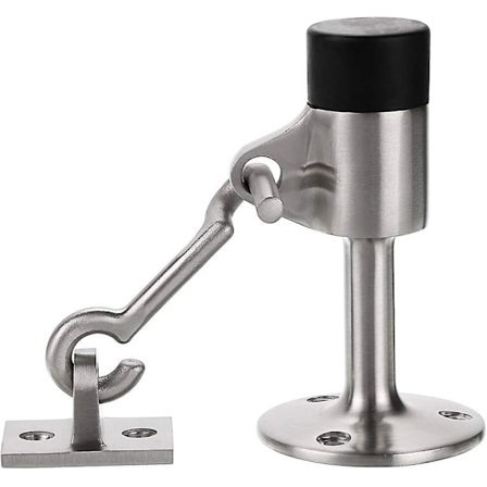 Robust Dørstopper med Krog - Rustfrit Stål Moderne Dørstopper med Gummibøjle, Vægmonteret Metal Dørstopper, Sølv