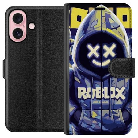 Kompatibelt Lommeboketui til Apple Apple iPhone 16 Blågul Roblox hettegenserfigur med minimalistisk neonstil og masket ansikt, moderne spillillustras