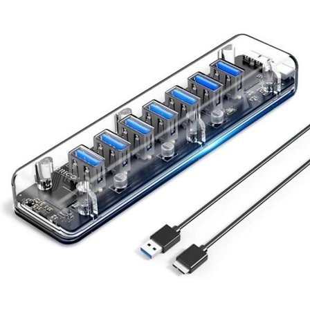 ORICO USB 3.0 Hub, 7 transparente USB 3.0-porter med blå indikatorlampe og to strømporter, 1M USB A til B-kabel