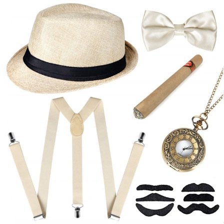 Grå 1920-talls Menn Beige Farge Fancy Dress Tilbehør Flapper Gangster Sett Great Gatsby Kostyme Kit 20-tallet med Trilby Hat Elastisk Bart Seler Menn