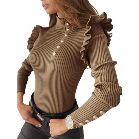 Dam T-shirt axel till höst vinter dam sweatshirt långärmad ribbad blus krage knapp volang pullover elegant slimmad topp kvinna lång stor khaki L