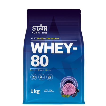 Star Nutrition Whey-80 Valleprotein 1 kg, Blueberry Ice Cream - Bodyman.dk