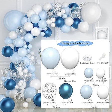 Blå Ballonger Garland Bue Sett, 104 stk Baby Blå Hvit Sølv Ballong Bue for Gutter Første Bursdag Frozen Winter Wonderland Baby Shower Bryllup 