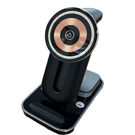 Multifunksjonell trådløs ladestasjon med magnetisk holder og sikkerhetskontrollfunksjon, passer for flere enheter