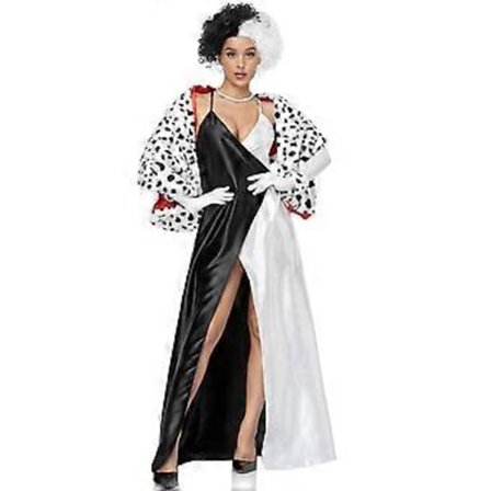 Halloween Sata ja yksi dalmatialaista Cruella Cosplay -asu Cruella de Vil -mekko ja huivi naisille (L peruukkisetillä)