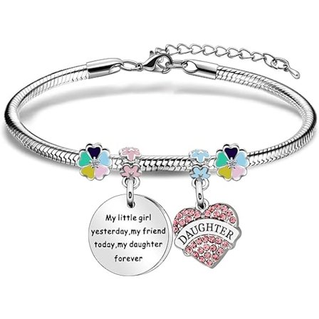 Silverberlockarmband med påminnelse: "Min flicka igår, min vän idag, min dotter för alltid", gåva från mor och far till dotter