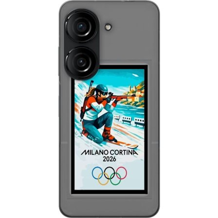 Yhteensopiva Puhelinkuori Asus Zenfone 10 Retrojuliste Cortina Milano 2026 vuorilla, talviurheilijoilla, italiankoloreilla, Milanon tuomiokirkolla ja