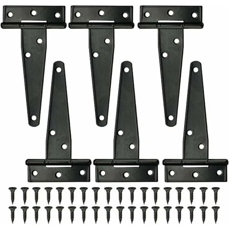 6 stk. sorte T-hængsler til ladedøre, 4 tommer udvendige T-hængsler med 36 skruer, jernhængsler til døre, vinduer, skure