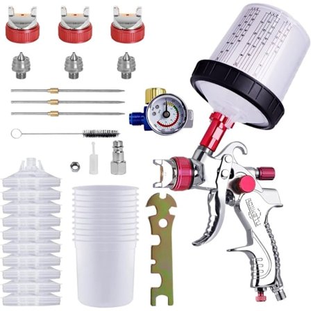 HVLP Sprøytepistolsett med 3 dyser, sprøytepistol og sprøytepistol for billakkering, 10 engangskopper 600 ml