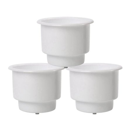 3 stk. forsænket drop-in kopholder i plast med afløb til båd, bil, marine, RV (hvid)