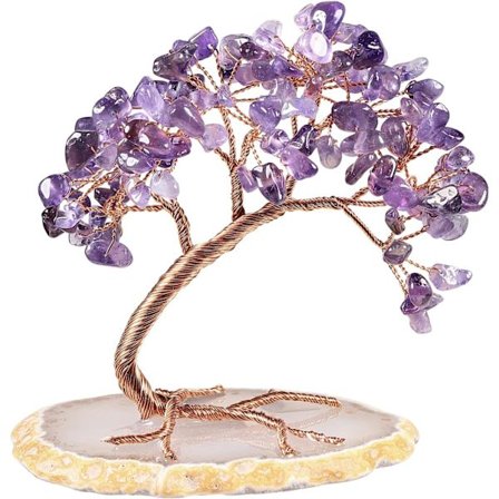 Helbredende krystaller penger tre på agat skive base, FengShui kvarts