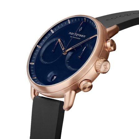 Nordgreen Men's Minimalistist Large Wrist Watch Watch - Rose Gold Case - Navy Dial - Black Rubber Nurses Watch Strap Pioneer White Dial Chronograph