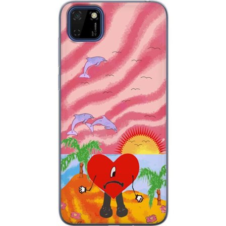 Kompatibel Mobilcover til Huawei Y5p Bad Bunny i en farverig quiltet jakke med hjertemønster og solbriller i moderne gade stil