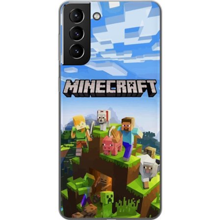 Kompatibelt Mobilskal till Samsung Samsung Galaxy S21+ 5G Minecraft äventyrsklippa med Steve, Alex, djur och mobs i klassisk blockstil där hela vär
