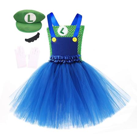 Pige Super Mario & Luigi Kostume Tutu Kjole Hatte Overskæg Handsker Tilbehørssæt Halloween Cosplay Kostumer Til 2-12 År Grøn Green 2-3Years