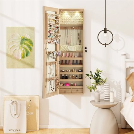 Smyckesskåp med spegel och LED-belysning för vägg eller dörr 120x35,5cm - Beige