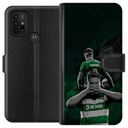 Yhteensopiva Lompakkokotelo Motorola Moto G30 Neonmotiivi, jossa teksti "Gaming is in my DNA" sinisenä ja punaisena tiiliseinällä, jossa loistava DNA-