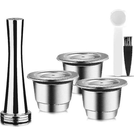 Gjenbrukbare kapsler, rustfritt stål, 3 stk. Påfyllbare pads for Nespresso + 1 Tamper + 1 Skje + 1 [db]