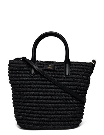Woven Straw Medium Brie Tote Bag Black Lauren Ralph Lauren