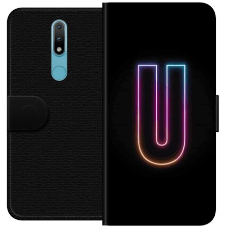 Yhteensopiva Lompakkokotelo Nokia Nokia 2.4 Minimaalinen neonkirjain U kirkkaalla valaistustehosteella mustaa taustaa vasten